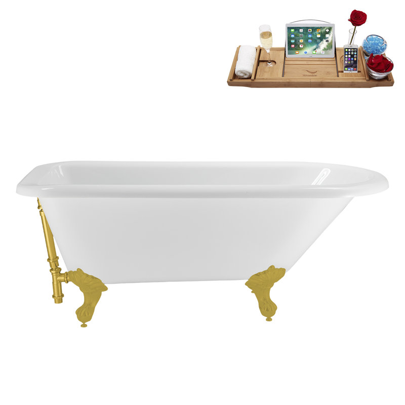 62" Streamline Clawfoot Tub,Tray,Drain, Clawfeet, Brushed Gold, Polished Gold