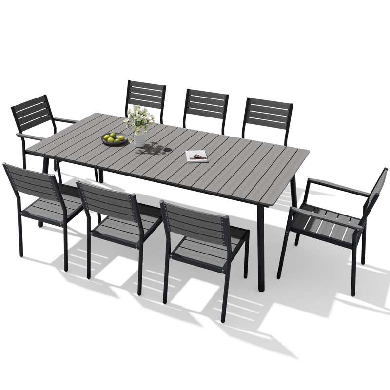 8 - Person Aluminum Patio Dining Set With Umbrella Hole And Armed And Armless Chairs, Gray