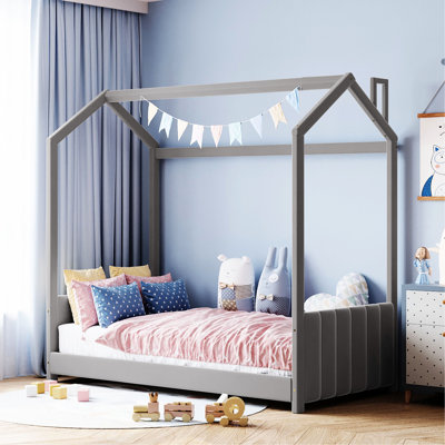 Lit simple gris en velours avec toit contemporain et tête de lit, espace confortable pour dormir, pin, L 80,3 po x l 41,2 po H 75 po