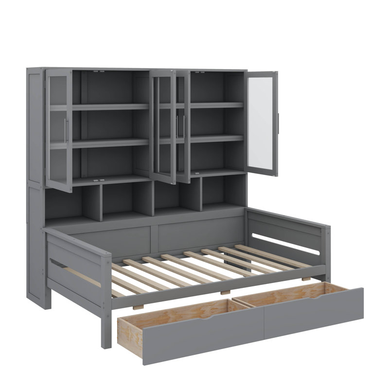 Lit de jour en bois, avec armoires de rangement à portes en verre, éclairage à DEL et tablettes, Simple, gris