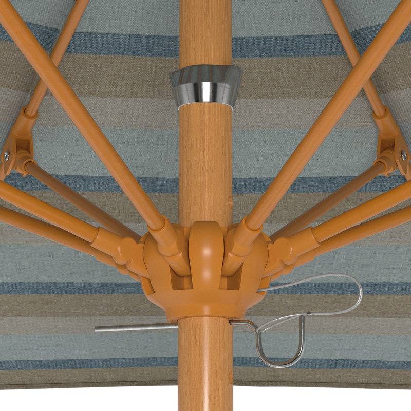 Parasol en bois de teck 7,5 pi, Gris / rayures bleues