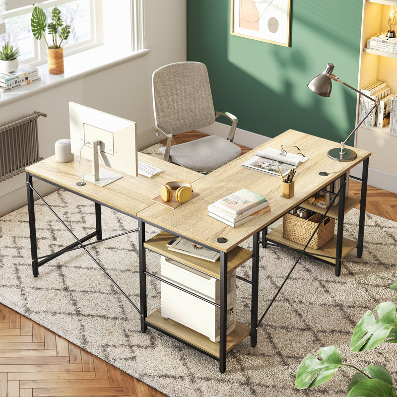 Nedyo 95.2" L-Shaped Desk with Shelves, Reversible Corner