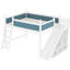 Grand lit mezzanine de couleur bleue et blanche, tablettes de rangement, glissade amovible, bois de pin, sans sommier, jeu ludique et peu encombrant-251890184-251890185
