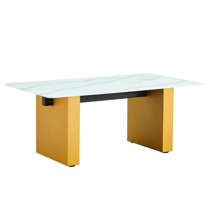 Table basse et table de salle à manger en verre trempé avec des décorations dorées - Fabrication moderne minimaliste, robuste et facile à assembler
