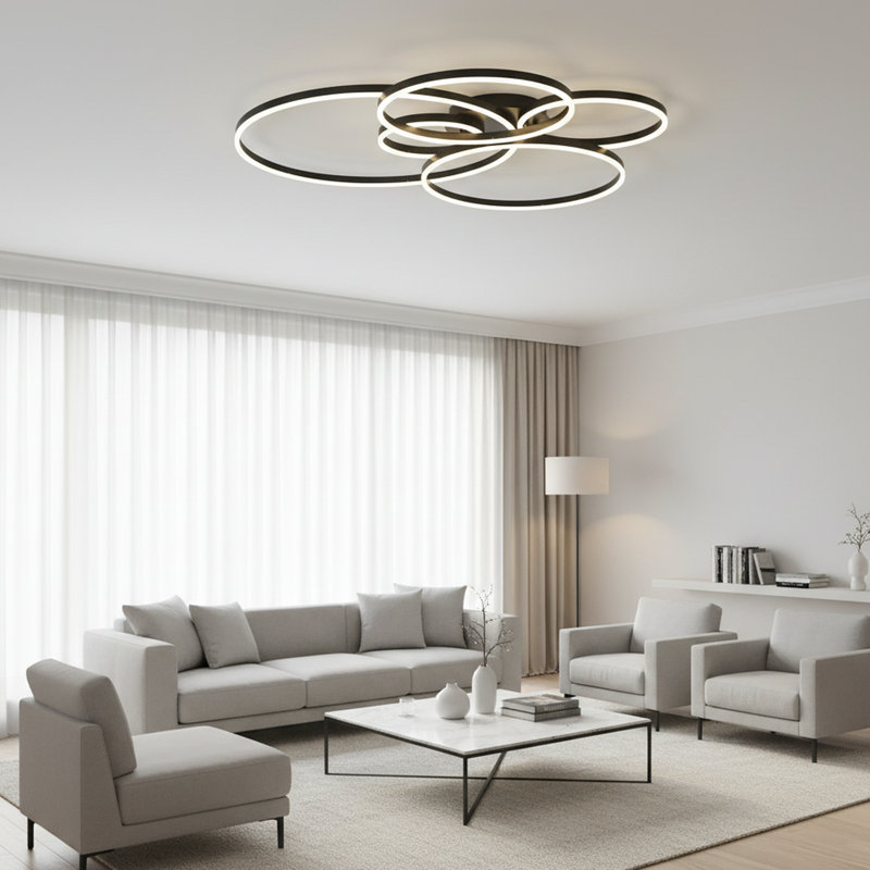 Plafonnier encastré moderne à 6 lumières de 47,2 pouces avec télécommande Jadiamond, Noir, H 4,3 po x l 47,2 po x P 44,8 po