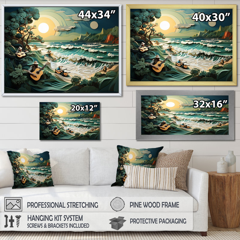 Coastal Harmony Papercut II - Reproduction d'art nautique et plage, Cadre naturel flottant, H 30 po x l 40 po x P 1,5 po