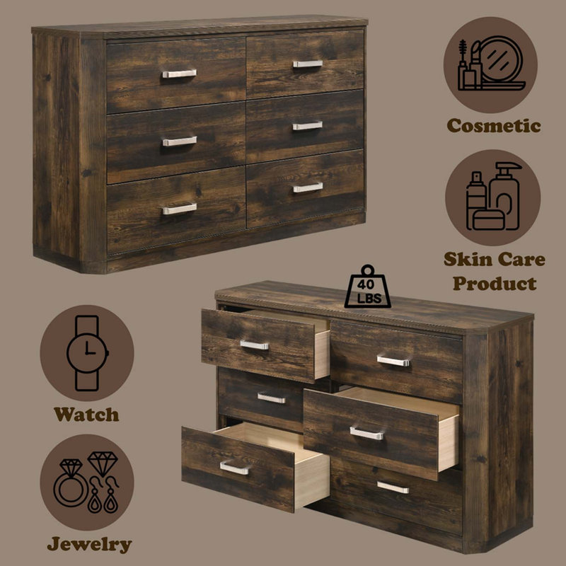 Commode 6 tiroirs Elettra, finition noyer rustique