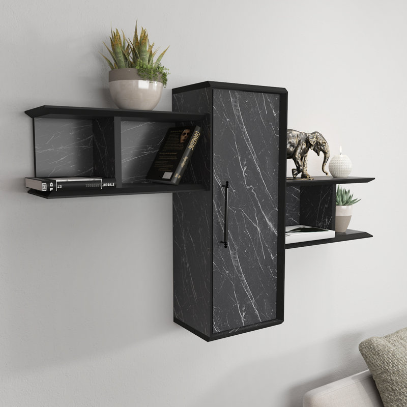Olida Modern Wallshelf with a Cabinet, Bendire Marble/Black
