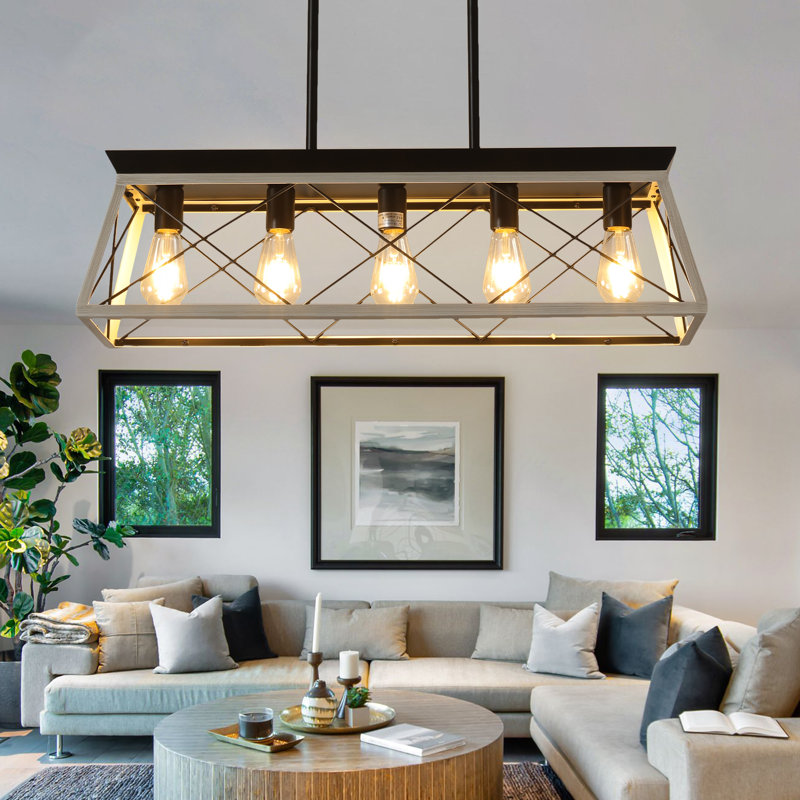 5-Light White Farmhouse Chandelier For Dining Room | Adjustable Rustic Pendant Light (No Bulbs Included), Gray