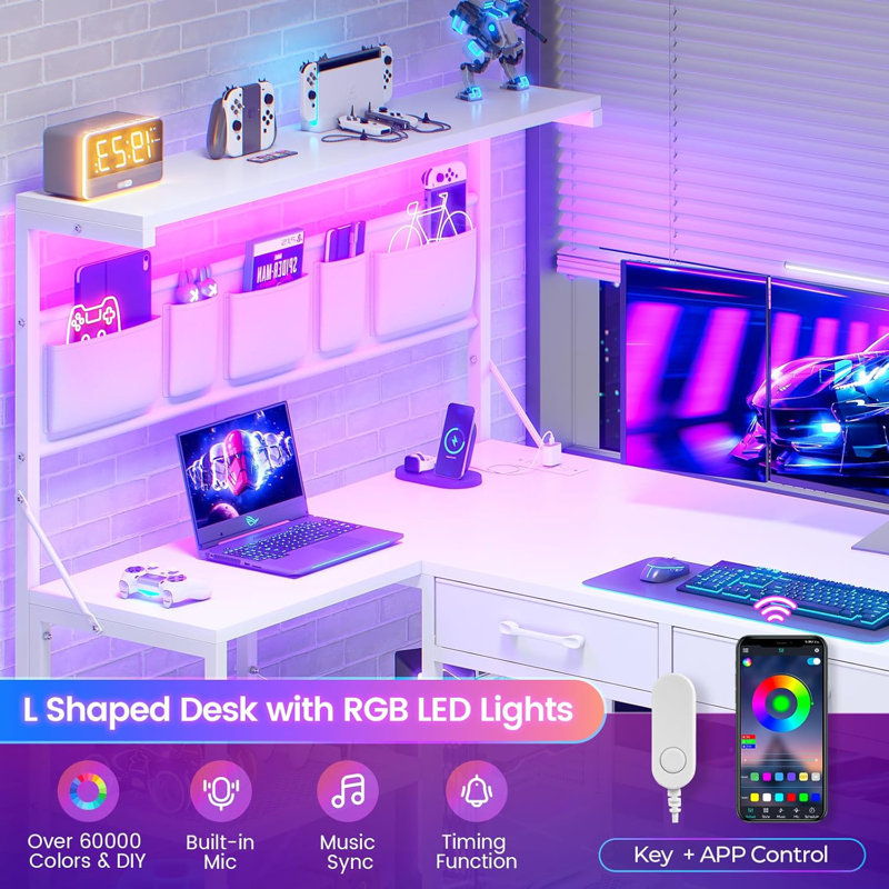 L Shaped Gaming Desk, 47.2" Reversible Small Computer Desk With 5 Drawers And Storage Shelves, Corner Gaming Desk With Led Lights And Power Outlet