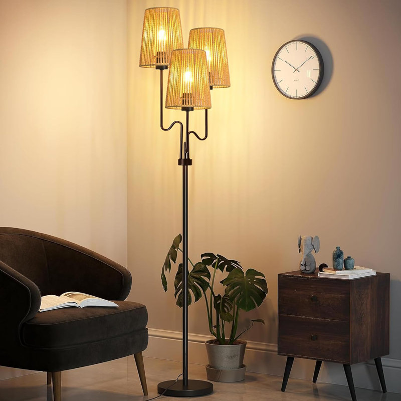 Dimmable Rattan Floor Lamp With Remote Control, Adjustable Color Temperature, Rotatable Light Heads For Bedroom, Living Room, And Corner Decor