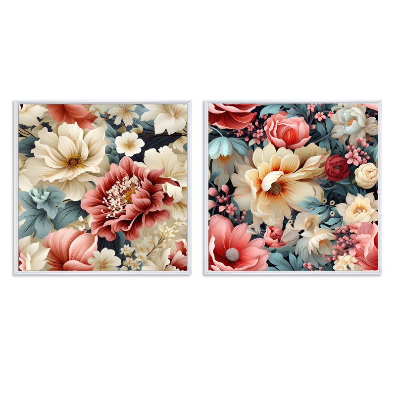 Faustine - Ensemble de 2 collages carrés floraux, Cadre flottant blanc, H 16 po x l 33 po