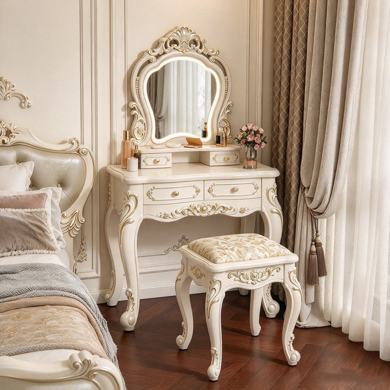 Coiffeuse 27,56 "de style européen avec miroir, H 58,07 po x l 27,56 po x P 18,5 po