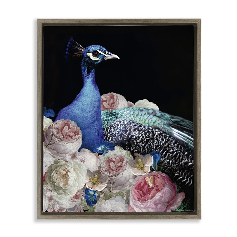 «Peacock & Peony», art mural encadré flottant par Reinders, Cadre flottant orme Montalcino, H 31 po x l 25 po