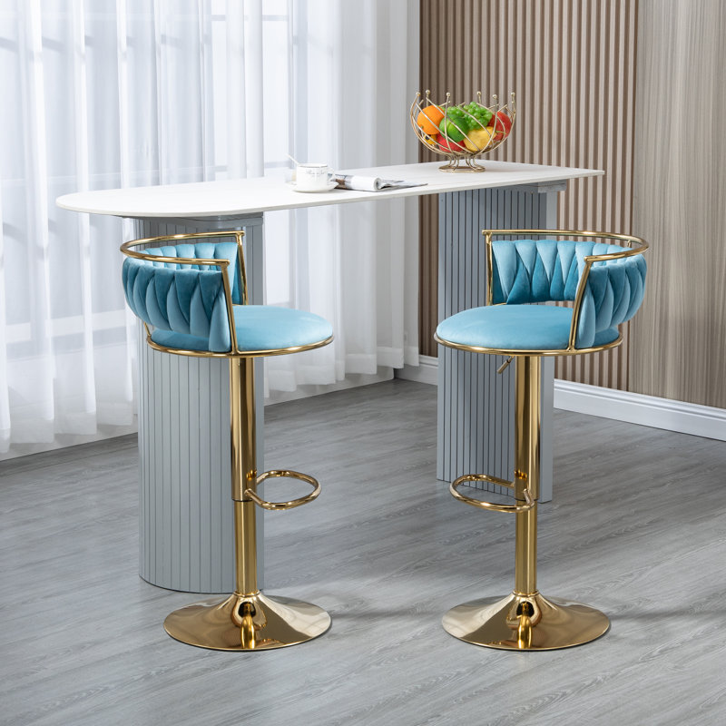 Tabouret de bar pivotant avec dossier Ginko, Bleu, Doré