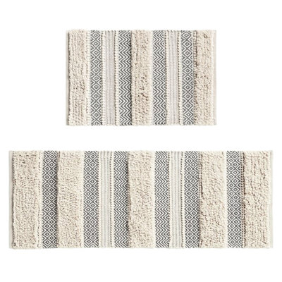 Tapis pour salle de bain gris 22 x 58 po avec rayures tissées, velours moyen de 0,5 po, lavable à la machine pour un entretien facile, envers antidérapant, texture de chambre à coucher de style 22 x 58 po, lavable, base, doux