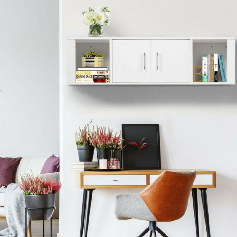 Wall Mounted Desk Storage Hutch  Cabinet, White