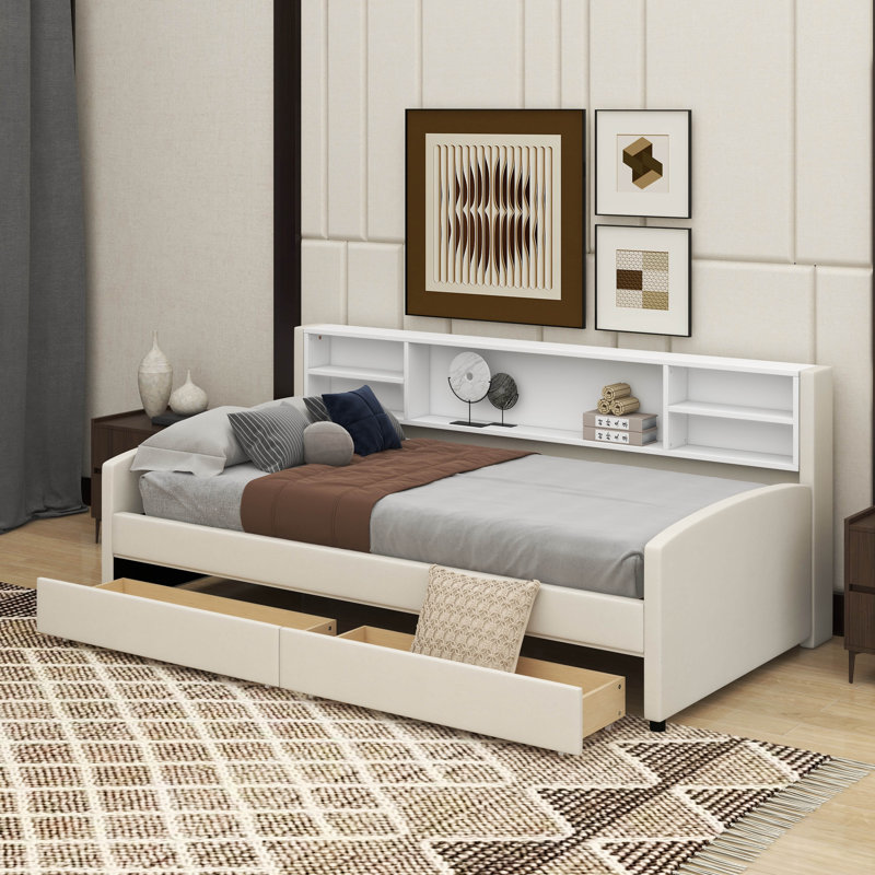 Lit plateforme simple tapissier avec tiroirs, Beige