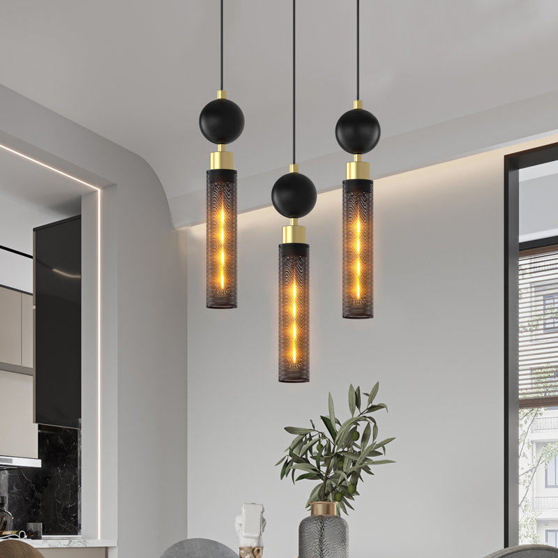 Luminaire suspendu cylindrique en métal noir et doré