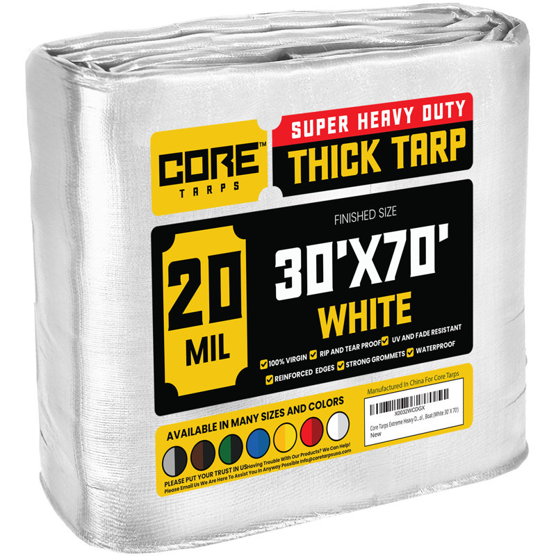 Bâche en polyéthylène robuste de 20 mil, imperméable et résistante aux rayons UV, Blanc, 30 pi x 70 pi