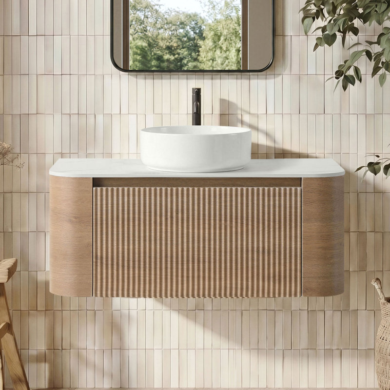 Meuble-lavabo flottant 36 po avec lavabo vasque et porte-serviettes 36 po, Blanc neige, Honey Oak