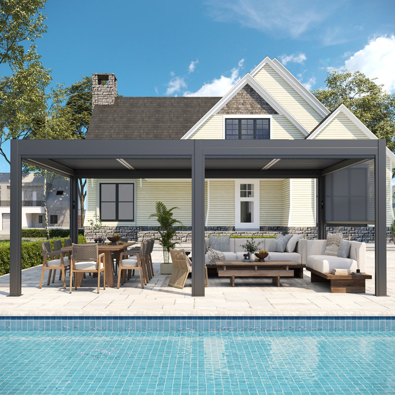 Pergola à persiennes motorisée 12 x 20 pi avec vidéo d'installation, énergie hybride solaire / USB, 4 écrans latéraux automatiques, toit imperméable et cadre en aluminium antirouille, lumières DEL à distance pour terrasse, patio et spa