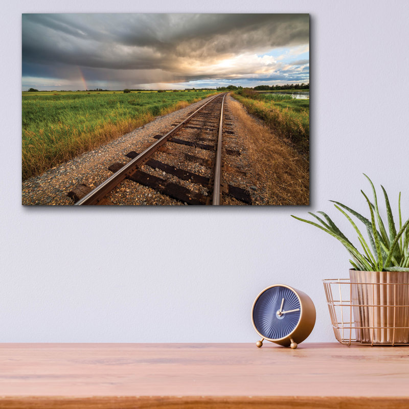 «Train Track Sunset 1» par Joe Reimer, photographie, art en verre acrylique, H 12 po x l 16 po x P 0,13 po