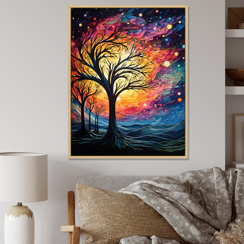 «Blue American Basswood Tree Moonlight 3», art mural arbre, Cadre flottant brun, H 32 po x l 16 po