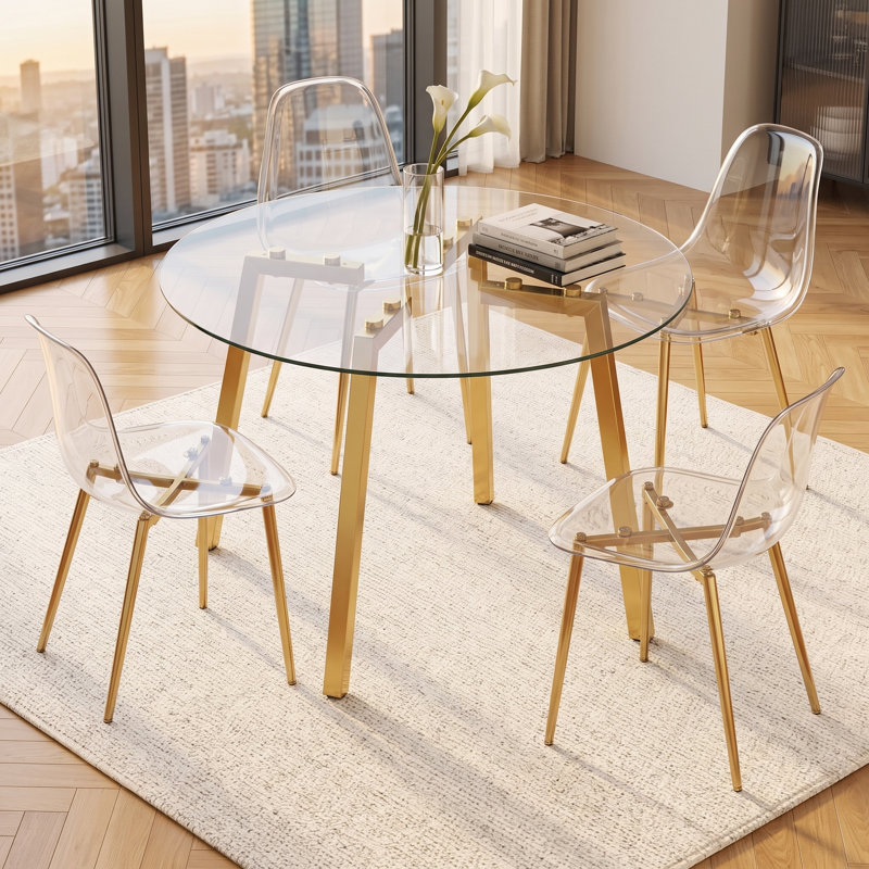 Ensemble de salle à manger 5 pièces rond en verre trempé avec quatre chaises en acrylique, Doré, 5 pièces: table 4 chaises