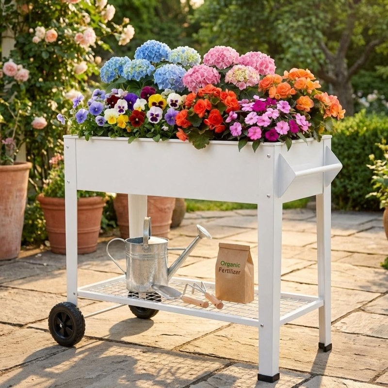 Lit de jardin surélevé 39 pouces avec roulettes, jardinière surélevée en métal avec tablette de rangement, capacité de 400 lb