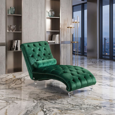 Velvet Button-Tufted Chaise Lounge with Acrylic Legs and Pillow