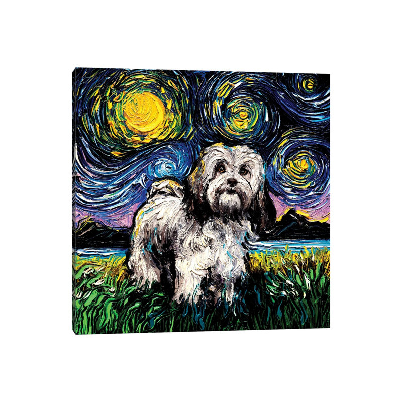«Lhasa Apso Night» par Aja Treves - peinture sur toile tendue, H 12 po x l 12 po x P 0,75 po