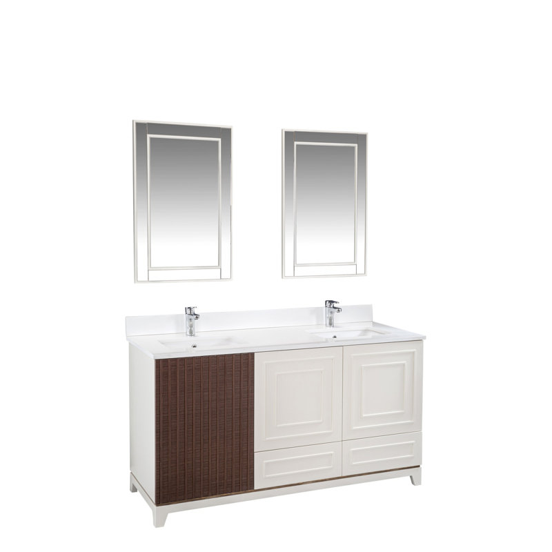 Ensemble de meuble-lavabo double 59 po avec miroir Cleada, Crème / brun