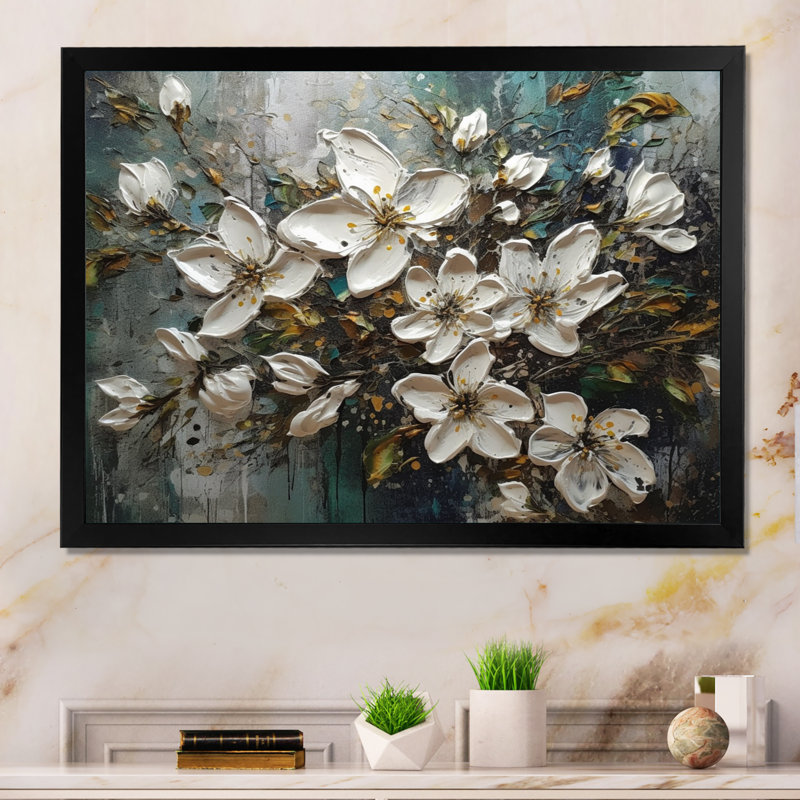 Ronnica Melody Of Daisy - blanc et jaune sur toile, Cadre photo noir, H 12 po x l 20 po x P 1 po