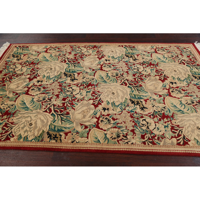 Tapis rouge en laine noué à la main de conception unique 5 pi 1 po x 8 pi 2 po New Age
