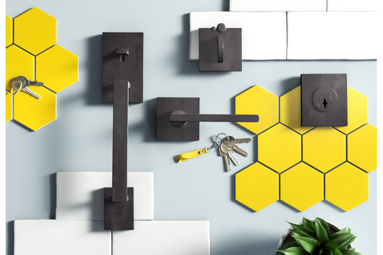 flatlay with tile, entry sets, and keys