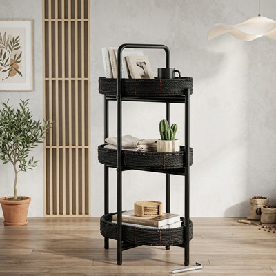 End Table with Storage Basket, 3 Tier Handwoven Side Table, Oval Nightstand with Removable Woven Trays and Metal Frame for Living Room & Bedroom