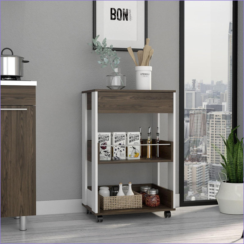 Chariot de cuisine Verona, 3 tablettes 4 roulettes blanc / brun noyer | Panneau de particules | Panneau de particules