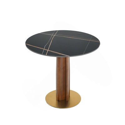 Modern Round Dining Table, 33.5" Sintered Stone Table With Wooden Leg & Gold Base, 2 - Person Kitchen Table For Small Space, 150Lbs Weight Capacity