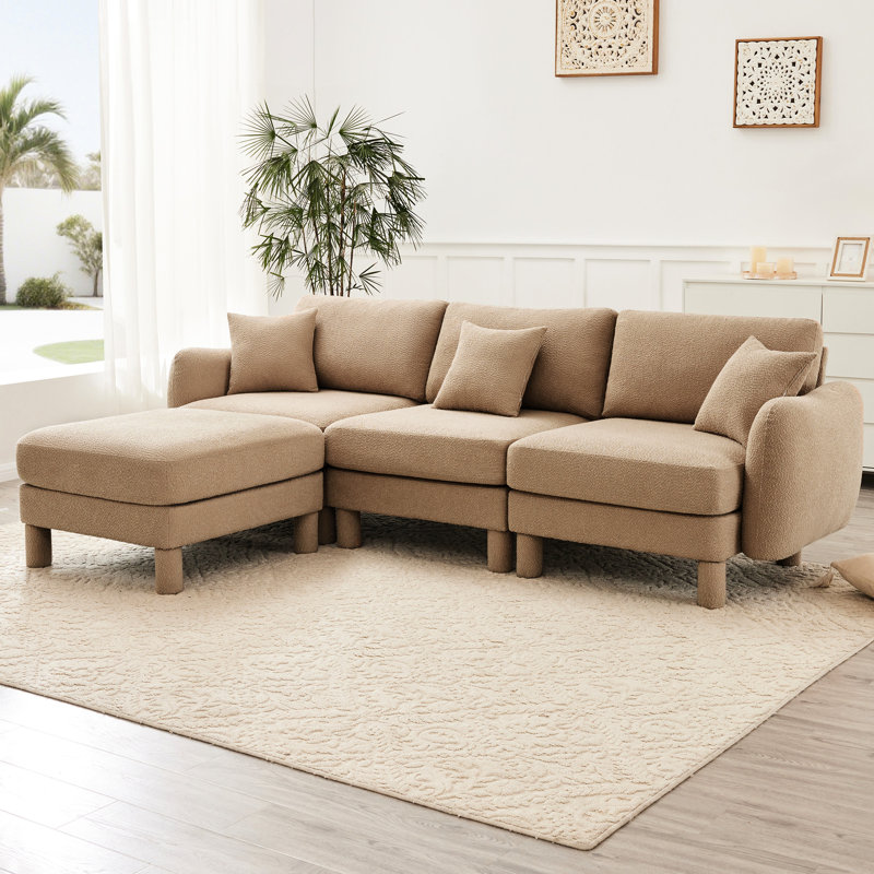 Tissu Boucle, 3, couleur café, élégamment courbé, coussins moelleux, forme en L relaxant, canapé modulaire, système de ressorts, relaxation
