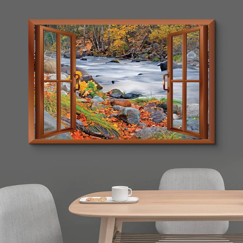 «Autumn Autumn Fall», fenêtre en cuivre moderne donnant sur une rivière rocheuse entourée d'arbres, H 32 po x l 48 po