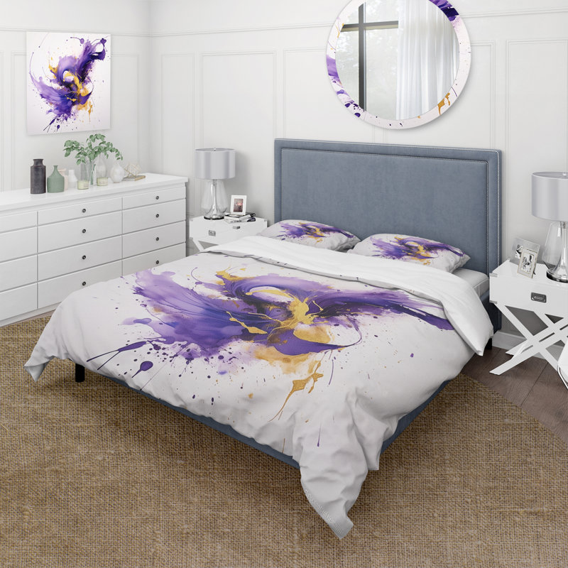 Ensemble de housse de couette mauve et or Splash - Fractals, Housse de couette simple et deux taies décorative