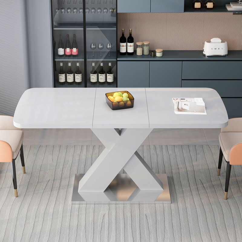 Table de salle à manger rectangulaire moderne, extensible, plateau de table blanc + pied de table en MDF en X avec base en métal