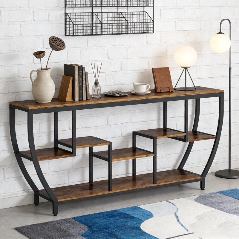 Table de console d'entrée industrielle avec tablettes, Noir et brun