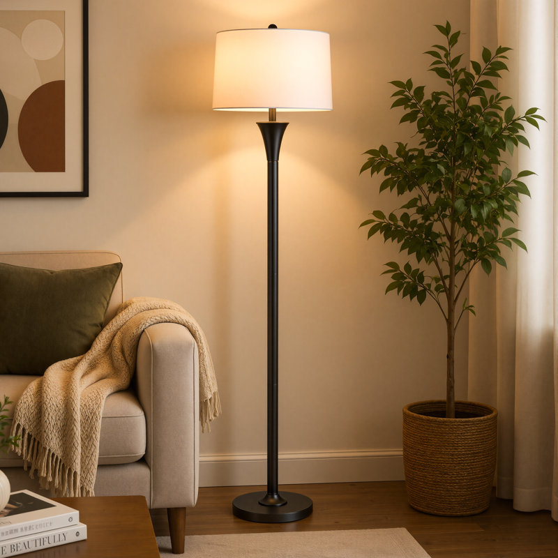 Lampe sur pied 66 "en métal avec abat-jour tambour en tissu, Noir
