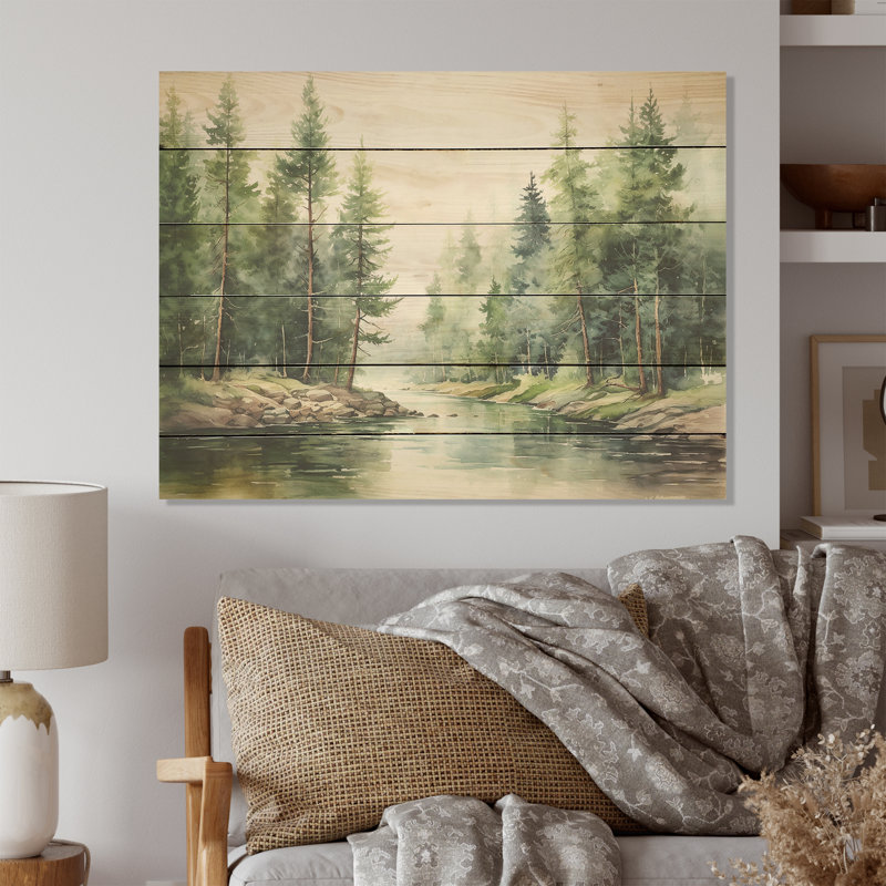 Rivière, forêt, trésor caché, paysage I - forêt, art sur bois de pin naturel, H 24 po x l 32 po