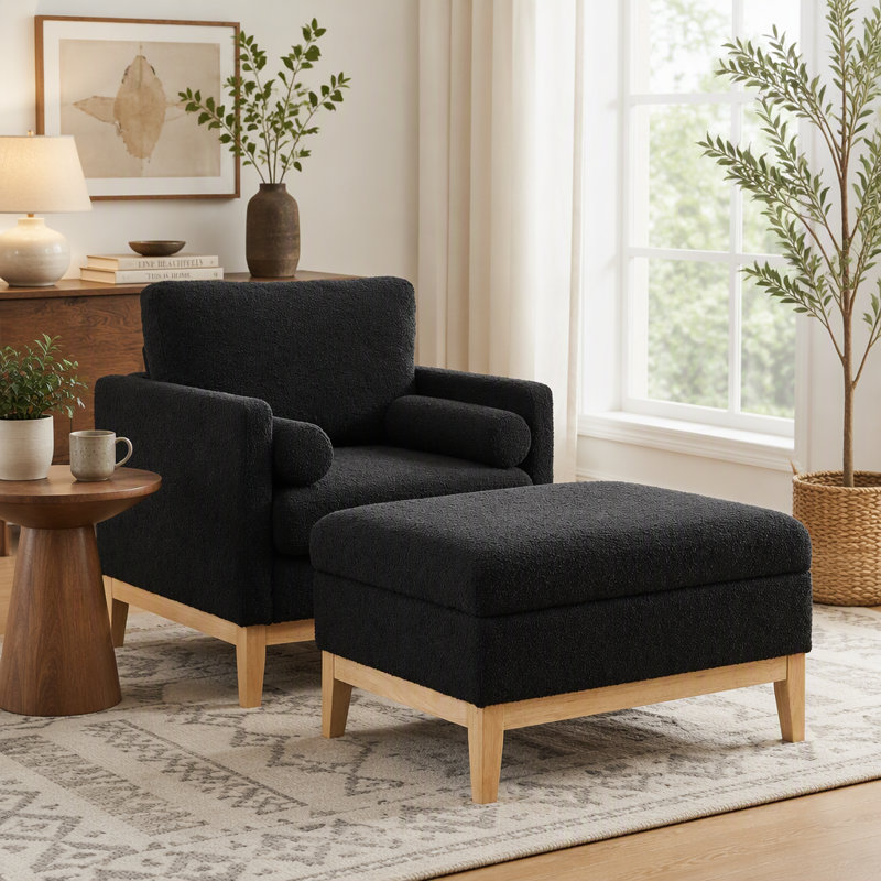 Fauteuil d'appoint capitonné de style campagnard avec pouf de rangement et coussins cylindriques, Black