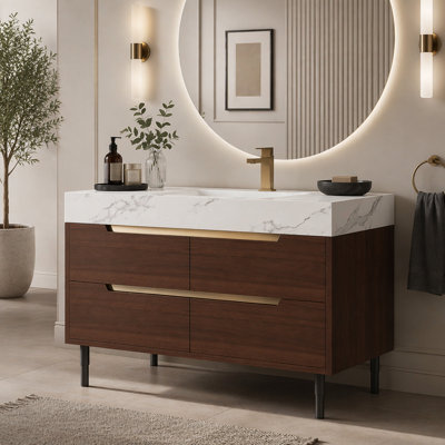 Meuble-lavabo autoportant en pierre frittée de 35,4 po avec lavabo encastré, bois massif multi-couches imperméable, rangement à 4 tiroirs, fixation murale