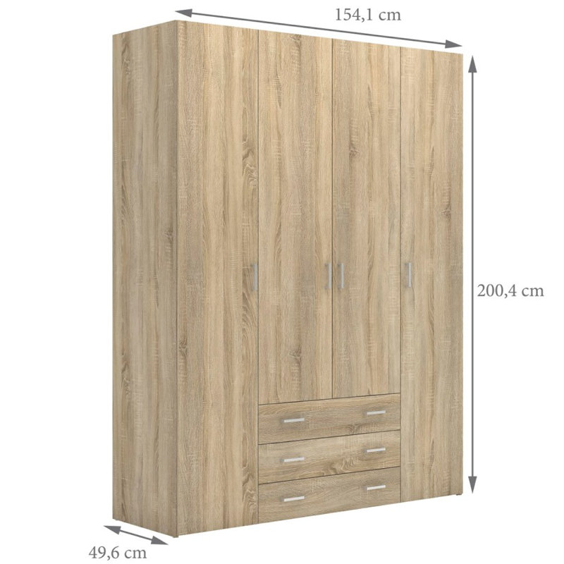 Orval 4 Door Manufactured Wood Wardrobe, Oak