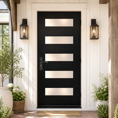 36" x 80" Contemporary 5-Lite Fiberglass Front Entry Door with Frosted Glass, 4-9/16" White PVC Frame and Brickmould, Knock-Down, Right-Hand Inswing, Black